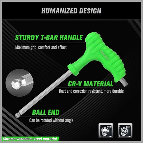 18-Piece T-Handle Allen Key Set, Inch/Metric Long Arm Ball End Hex Key Wrench Set, MM(1.5mm-10mm) SAE(1/16