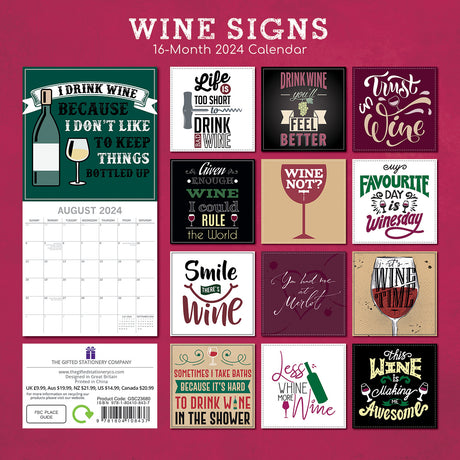 Wine Signs - 2024 Square Wall Calendar 16 Months Planner Christmas New Year Gift