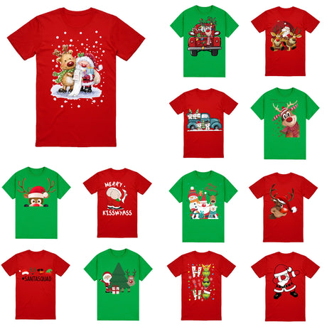 100% Cotton Christmas T-shirt Adult Unisex Tee Tops Funny Santa Party Custume, Car with Reindeer (Red), M