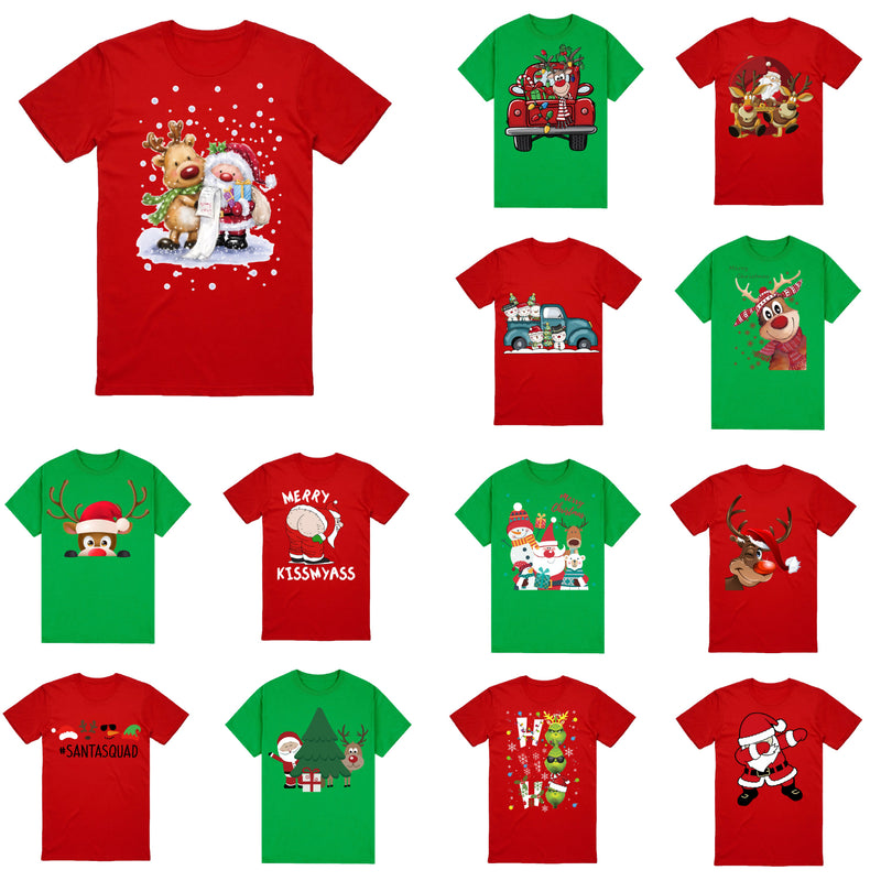 100% Cotton Christmas T-shirt Adult Unisex Tee Tops Funny Santa Party Custume, Car with Reindeer (Red), 3XL