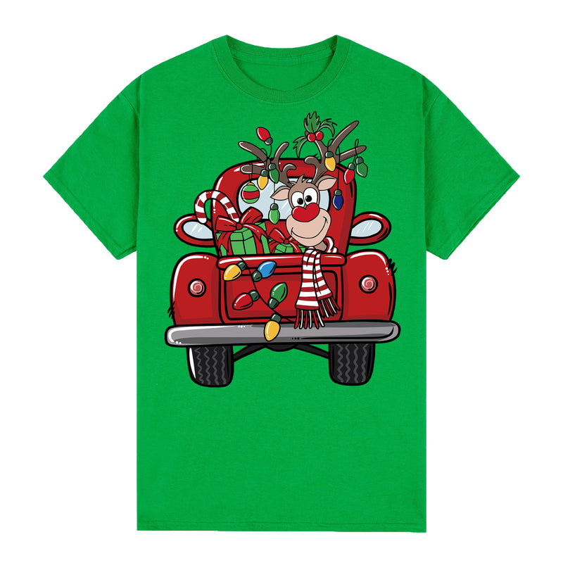 100% Cotton Christmas T-shirt Adult Unisex Tee Tops Funny Santa Party Custume, Car with Reindeer (Green), XL