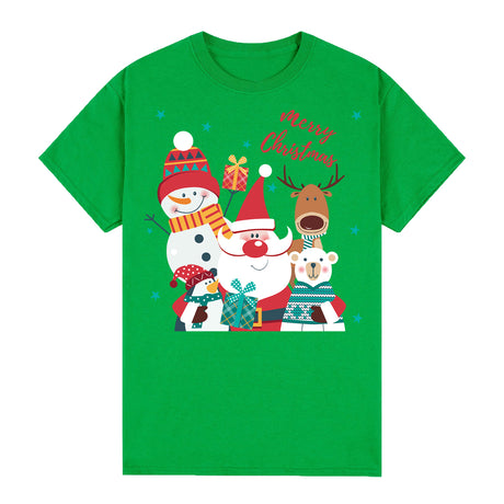 100% Cotton Christmas T-shirt Adult Unisex Tee Tops Funny Santa Party Custume, Santa Gathering (Green), 2XL