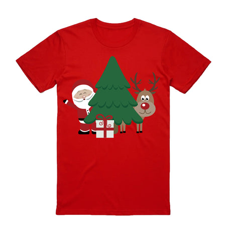 100% Cotton Christmas T-shirt Adult Unisex Tee Tops Funny Santa Party Custume, Santa with Tree (Red), XL