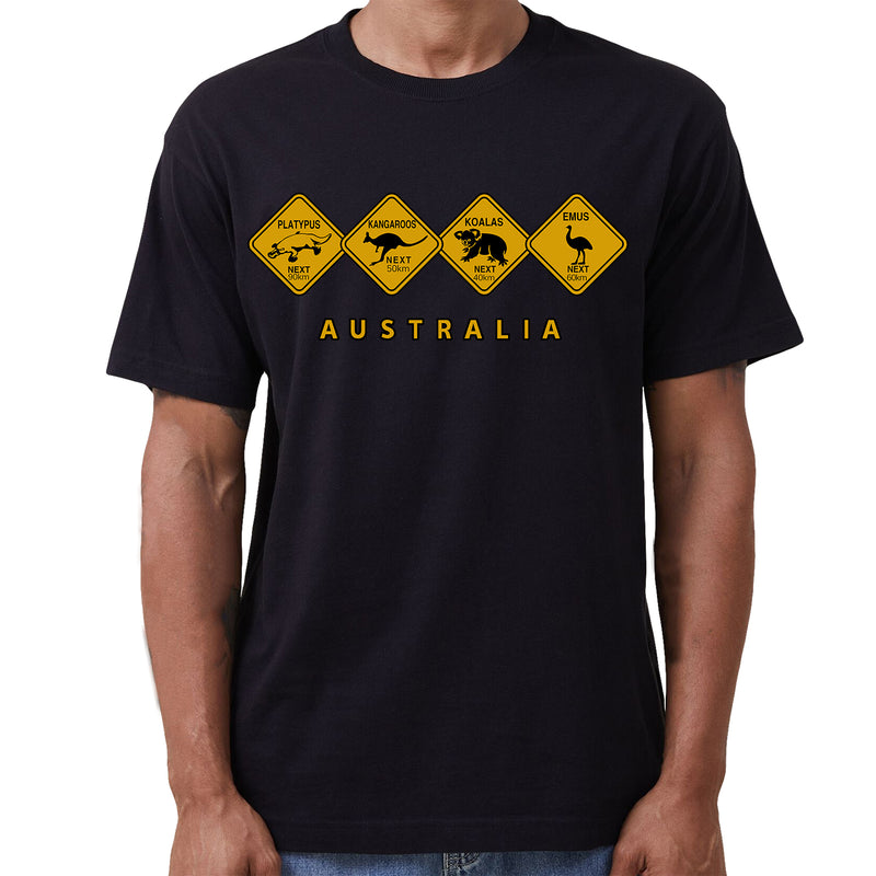 Adult Unisex 100% Cotton T Shirt Australia Wildlife Road Sign Souvenir Tee Tops, Black