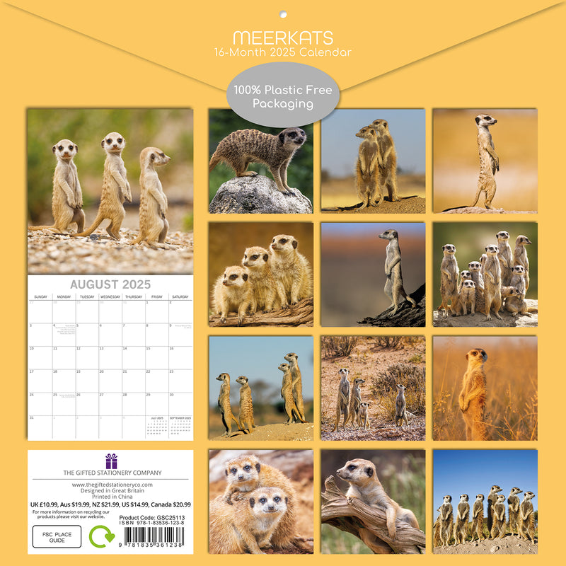 Meerkats - 2025 Square Wall Calendar Pets Animals 16 Months Premium Planner Gift