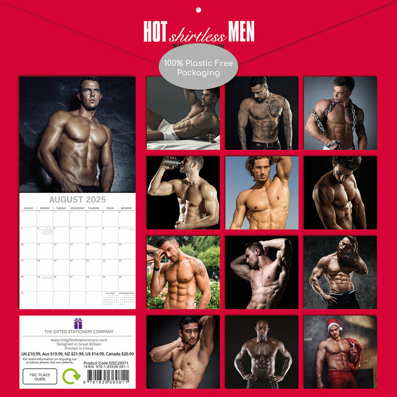 Hot Shirtless Men 2025 Square Wall Calendar 16 Months Xmas New Year Planner Gift