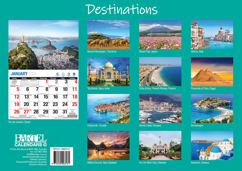 Destinations - 2025 Rectangle Wall Calendar 16 Months Planner Travel Photos Gift