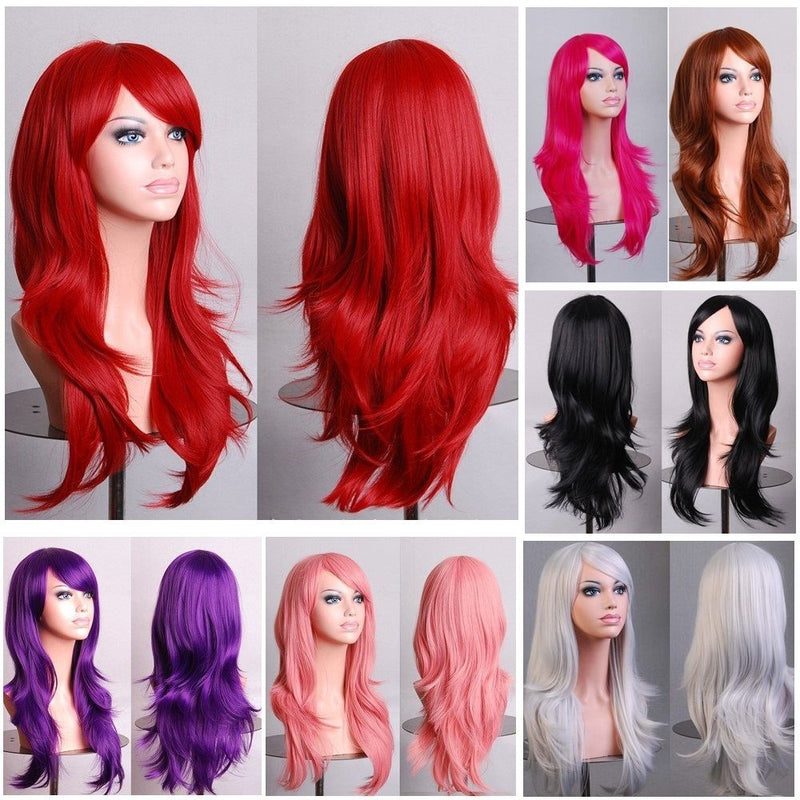 70cm Wavy Curly Sleek Full Hair Lady Wigs w Side Bangs Cosplay Costume Womens, Black