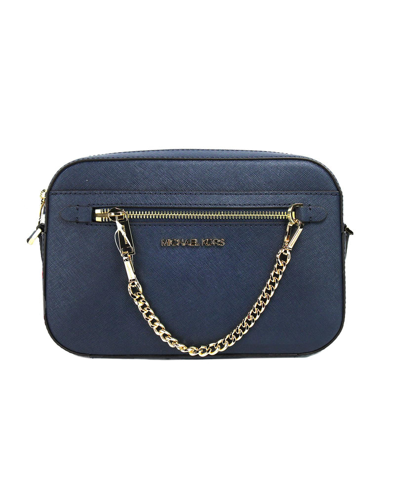 Michael Kors Women's Jet Set Large East West Navy Leather Zip Chain Crossbody Bag Purse - One Size