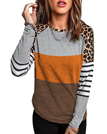 Azura Exchange Leopard Color Block Long Sleeve Blouse - S