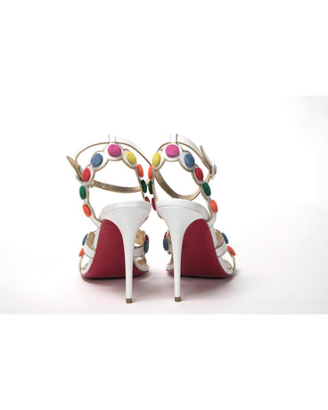 White Leather High Heels with Multi-Coloured Spot Design 37.5 EU Women