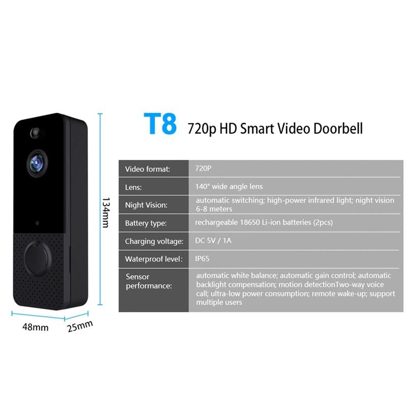 Wireless Wifi Video Doorbell With Night Vision And Ai Recognition - 720P