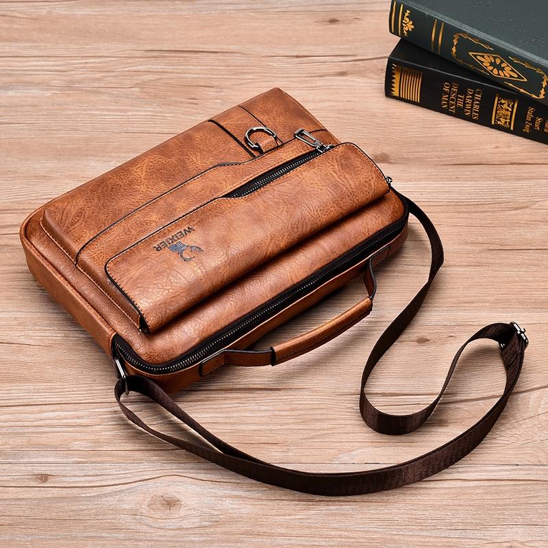 Leather Men Shoulder Bag Business Laptop Case Retro Design - Black