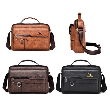 Leather Men Shoulder Bag Business Laptop Case Retro Design - Light Brown