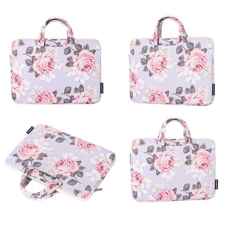 14 Inch Laptop Case Bag With White Rose Pattern And Handle - Black