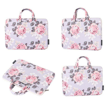 15 Inch Laptop Case Bag With White Rose Pattern And Handle - Black