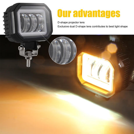 2 Pcs Car 4 Inch Square Spotlight Work Light With Angel Eyes Yellow Light