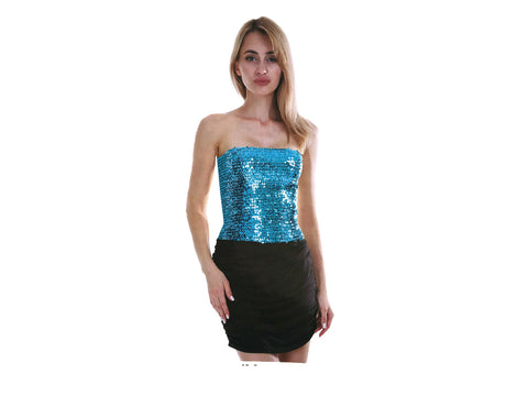 Womens SEQUIN BANDEAU CROP TOP Sparkling Sparkly Costume Tube - Light Blue