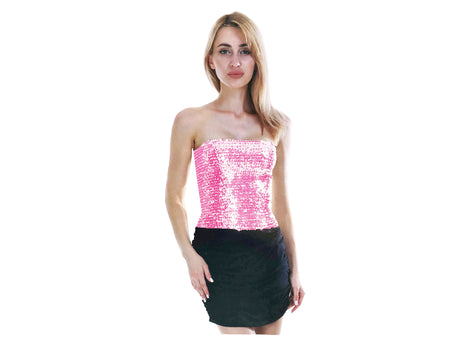 Womens SEQUIN BANDEAU CROP TOP Sparkling Sparkly Costume Tube - Light Pink