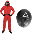 Adult Squid Game Guard Tracksuit Red Full Party Costume Set w/ Mask - Triangle Mask - S/M