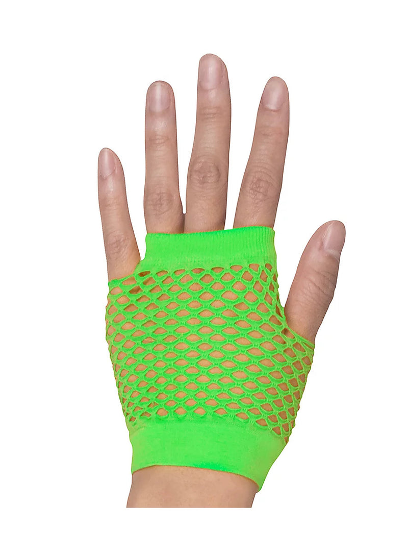 12 Pair Fishnet Gloves Fingerless Wrist Length 70s 80s Costume Party Fluro Green