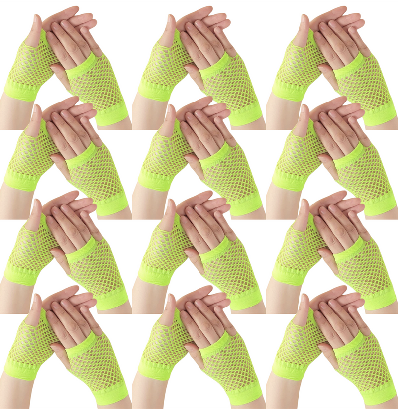 12 Pair Fishnet Gloves Fingerless Wrist Length 70s 80s Costume Party - Fluro Yellow