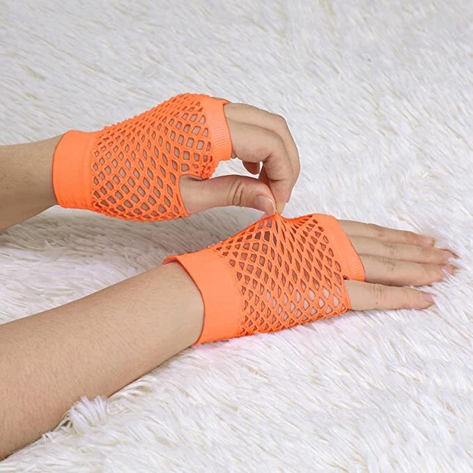 12 Pair Fishnet Gloves Fingerless Wrist Length 70s 80s Costume Party - Orange