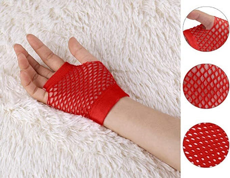 1 Pair Fishnet Gloves Fingerless Wrist Length 70s 80s Costume Party Dance - Red