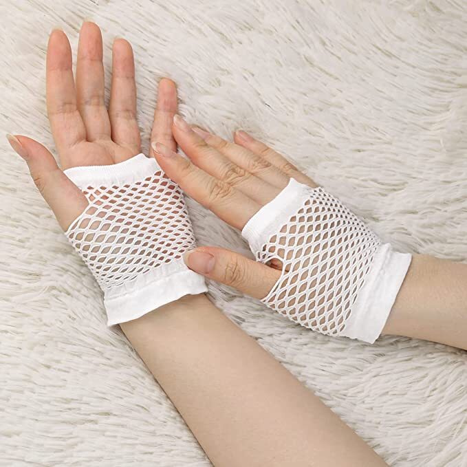 1 Pair Fishnet Gloves Fingerless Wrist Length 70s 80s Costume Party Dance -White