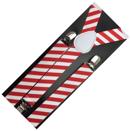 2x Mens Suspenders Braces Adjustable Strong Clip On Elastic Formal Wedding Slim - Red/White Diagonal Stripes