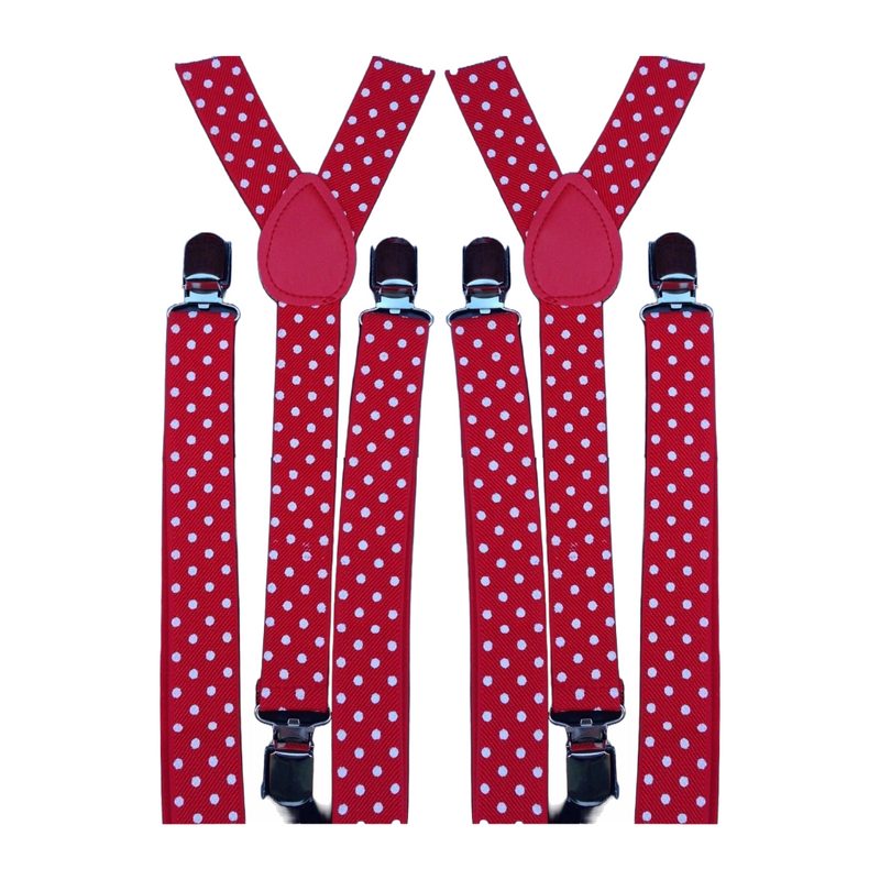 2x Mens Suspenders Braces Adjustable Strong Clip On Elastic Formal Wedding Slim - Red with White Polka Dot