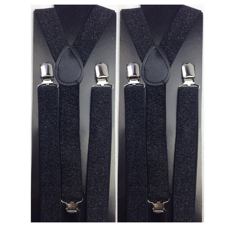 2x Mens Suspenders Braces Adjustable Strong Clip On Elastic Formal Wedding Slim - Black (Glitter)