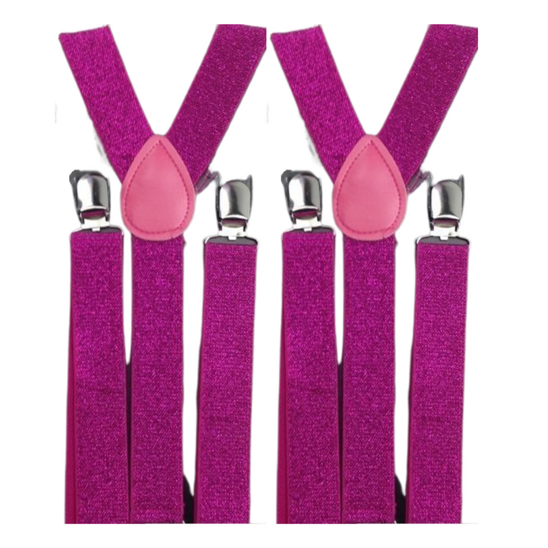 2x Mens Suspenders Braces Adjustable Strong Clip On Elastic Formal Wedding Slim - Hot Pink (Glitter)