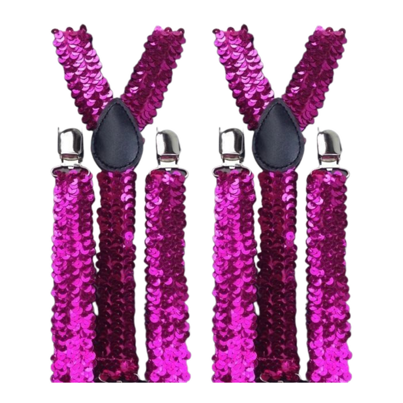 2x Mens Suspenders Braces Adjustable Strong Clip On Elastic Formal Wedding Slim - Hot Pink (Sequin)