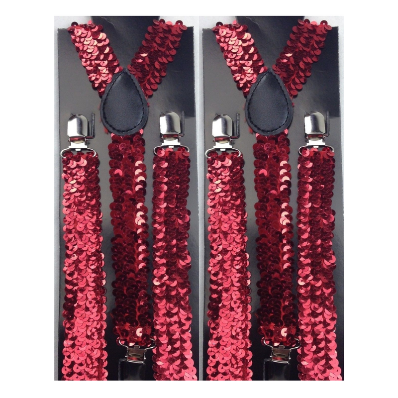 2x Mens Suspenders Braces Adjustable Strong Clip On Elastic Formal Wedding Slim - Red (Sequin)