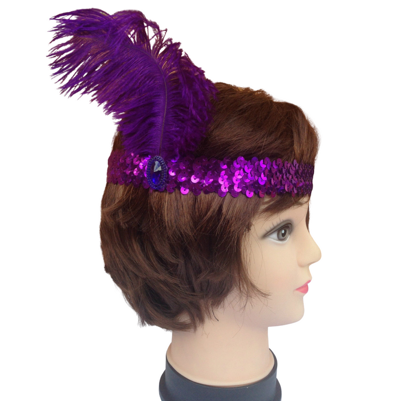 3x 1920s FLAPPER HEADBAND Headpiece Feather Sequin Charleston Costume Gatsby - Purple