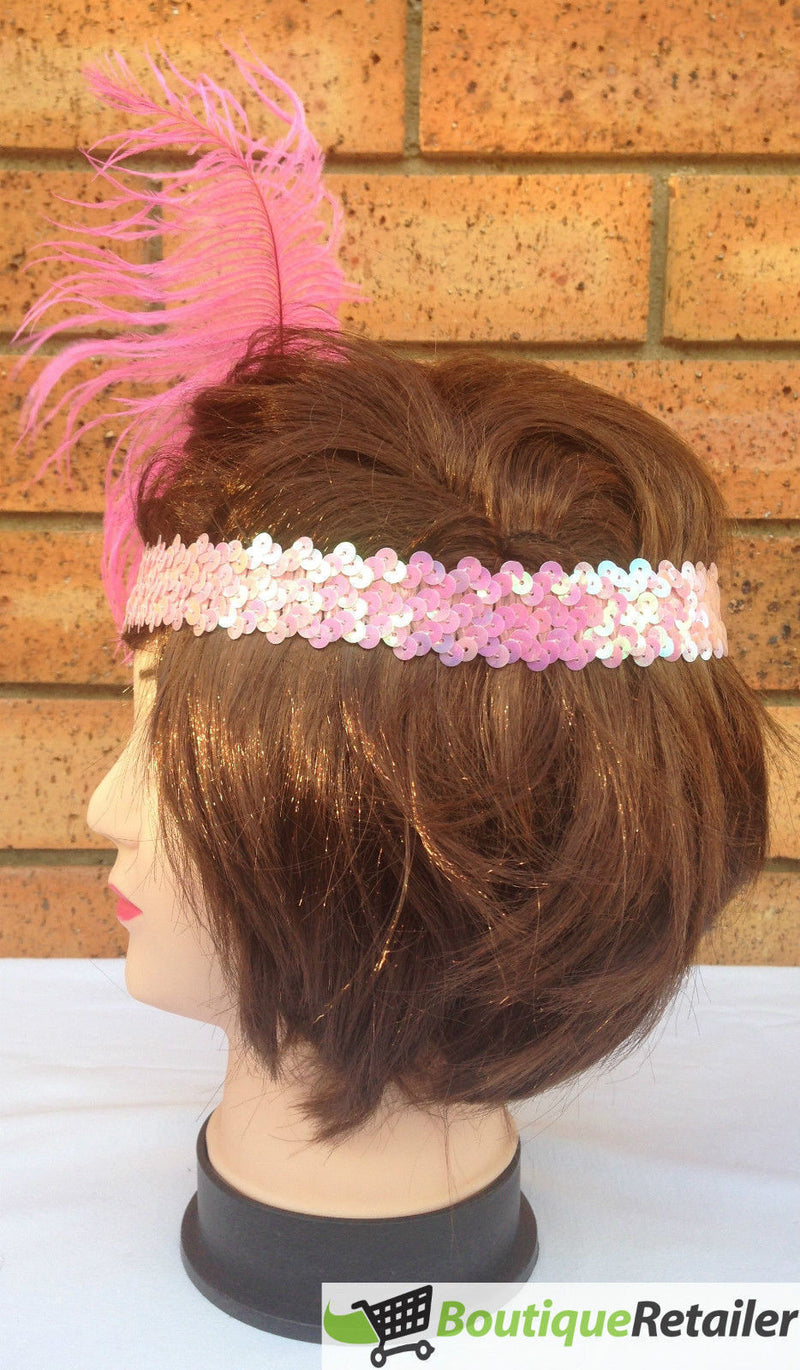 1920s FLAPPER HEADBAND Headpiece Feather Sequin Charleston Costume Gatsby Dance - Light Pink