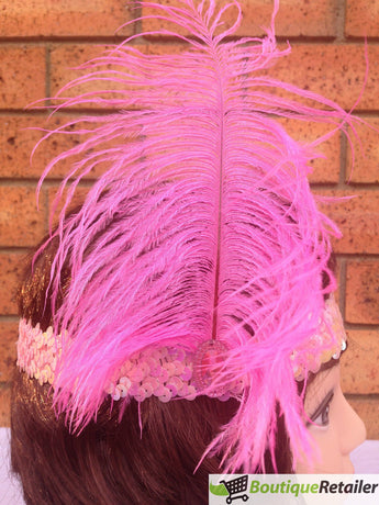 1920s FLAPPER HEADBAND Headpiece Feather Sequin Charleston Costume Gatsby Dance - Light Pink