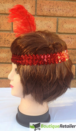 1920s FLAPPER HEADBAND Headpiece Feather Sequin Charleston Costume Gatsby Dance - Red