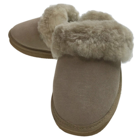 100% Sheepskin Moccasin Slippers Winter Genuine Scuffs Slip On Mens Womens - Beige (with fur) - 7