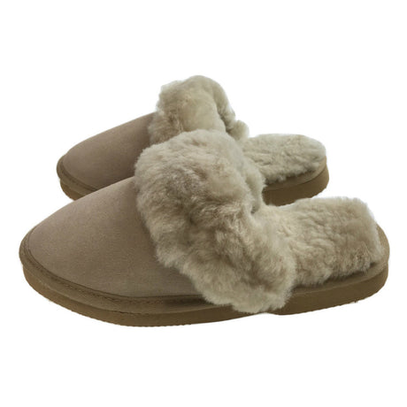 100% Sheepskin Moccasin Slippers Winter Genuine Scuffs Slip On Mens Womens - Beige (with fur) - 7