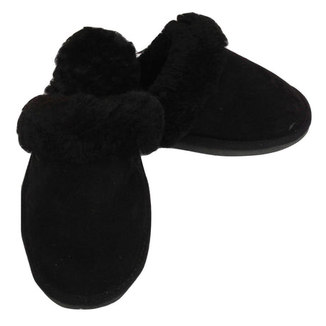 100% Sheepskin Moccasin Slippers Winter Genuine Scuffs Slip On Mens Womens - Black (with fur) - 10