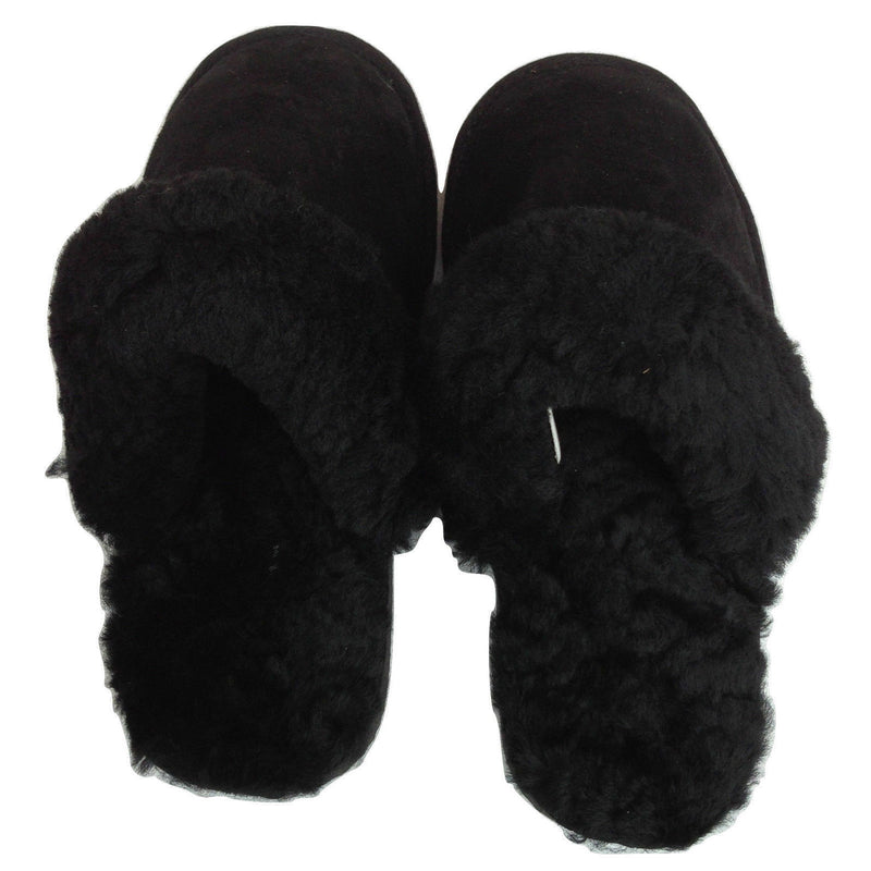 100% Sheepskin Moccasin Slippers Winter Genuine Scuffs Slip On Mens Womens - Black (with fur) - 10