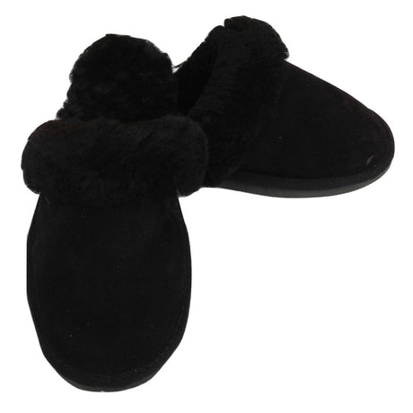 100% Sheepskin Moccasin Slippers Winter Genuine Scuffs Slip On Mens Womens - Black (with fur) - 6