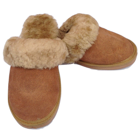 100% Sheepskin Moccasin Slippers Winter Genuine Scuffs Slip On Mens Womens - Chestnut (with fur) - 10