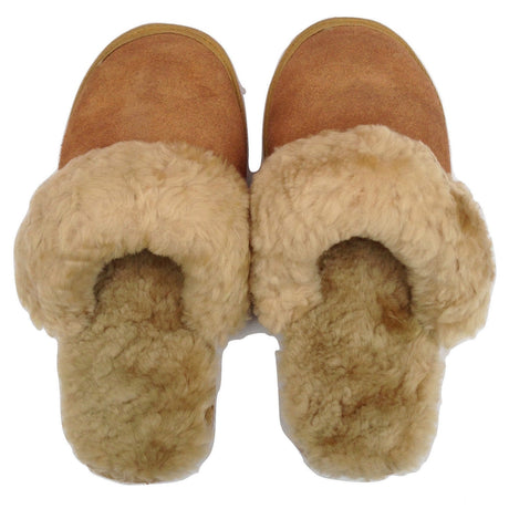 100% Sheepskin Moccasin Slippers Winter Genuine Scuffs Slip On Mens Womens - Chestnut (with fur) - 10