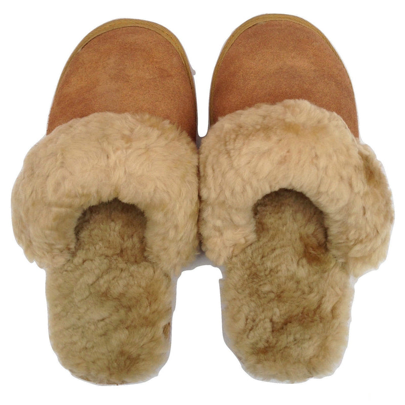 100% Sheepskin Moccasin Slippers Winter Genuine Scuffs Slip On Mens Womens - Chestnut (with fur) - 9