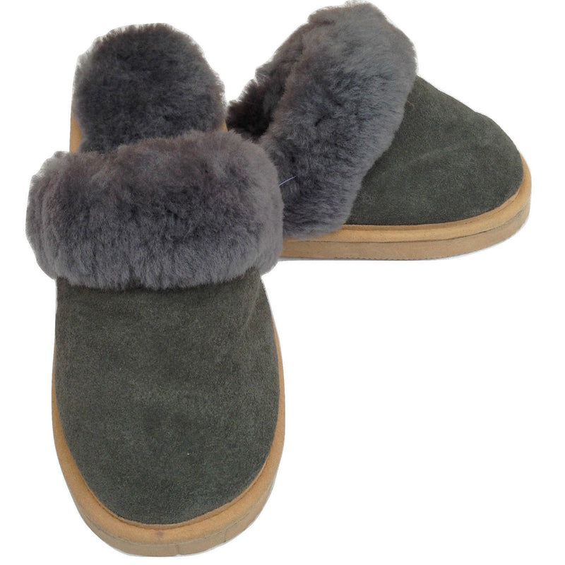 100% Sheepskin Moccasin Slippers Winter Genuine Scuffs Slip On Mens Womens - Grey (with fur) - 6