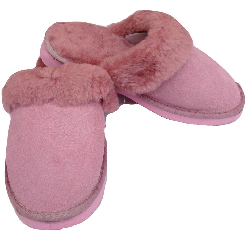 100% Sheepskin Moccasin Slippers Winter Genuine Scuffs Slip On Mens Womens - Pink (with fur) - 10