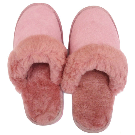 100% Sheepskin Moccasin Slippers Winter Genuine Scuffs Slip On Mens Womens - Pink (with fur) - 10